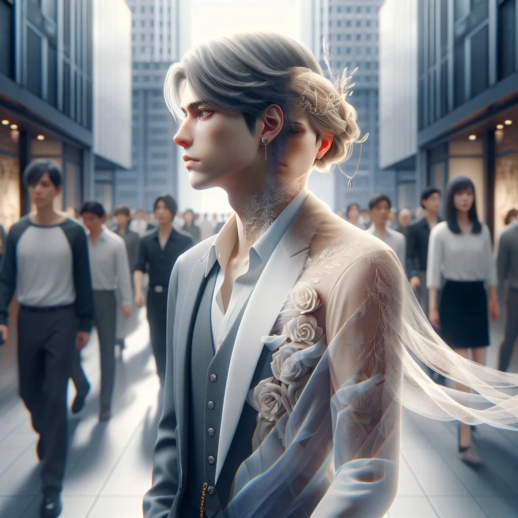 A haunting image of Ash, trapped in Yasuna's body, navigating a world that is not his own. The picture captures the struggle of identity and adaptation as Ash grapples with the daily challenges of living someone else's life in a meticulously crafted facade of elegance and femininity.