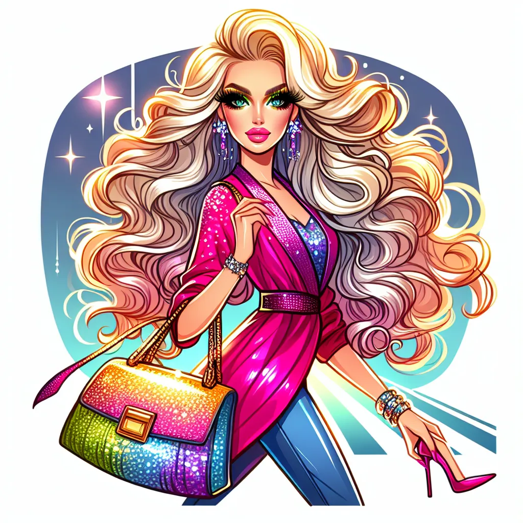 The image accompanying this story could be a vibrant and colorful illustration of a confident and glamorous drag queen named Diva Delightful. She is depicted with long, blonde, curly hair, bright green eyes, and flawless makeup. Diva is wearing a fabulous outfit, including high heels, and is seen confidently strutting down the road, with a large, flashy purse slung over her shoulder. The image captures her charisma, confidence, and empowerment as she embraces her new identity and lives her life 