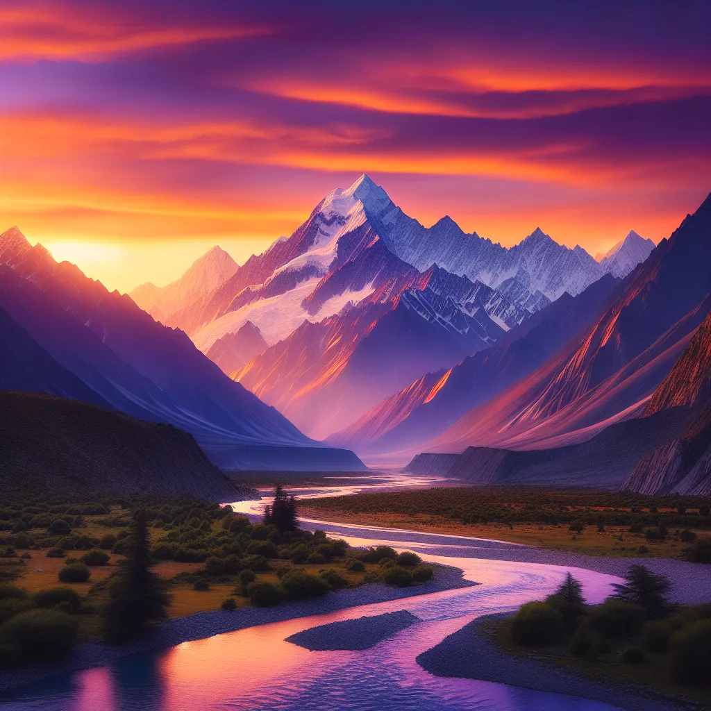 The image depicts a serene mountain landscape at sunset, with vibrant hues of orange and purple painting the sky. A snow-capped peak stands tall in the foreground, while a peaceful river flows through the valley below. The scene evokes a sense of tranquility and natural beauty.