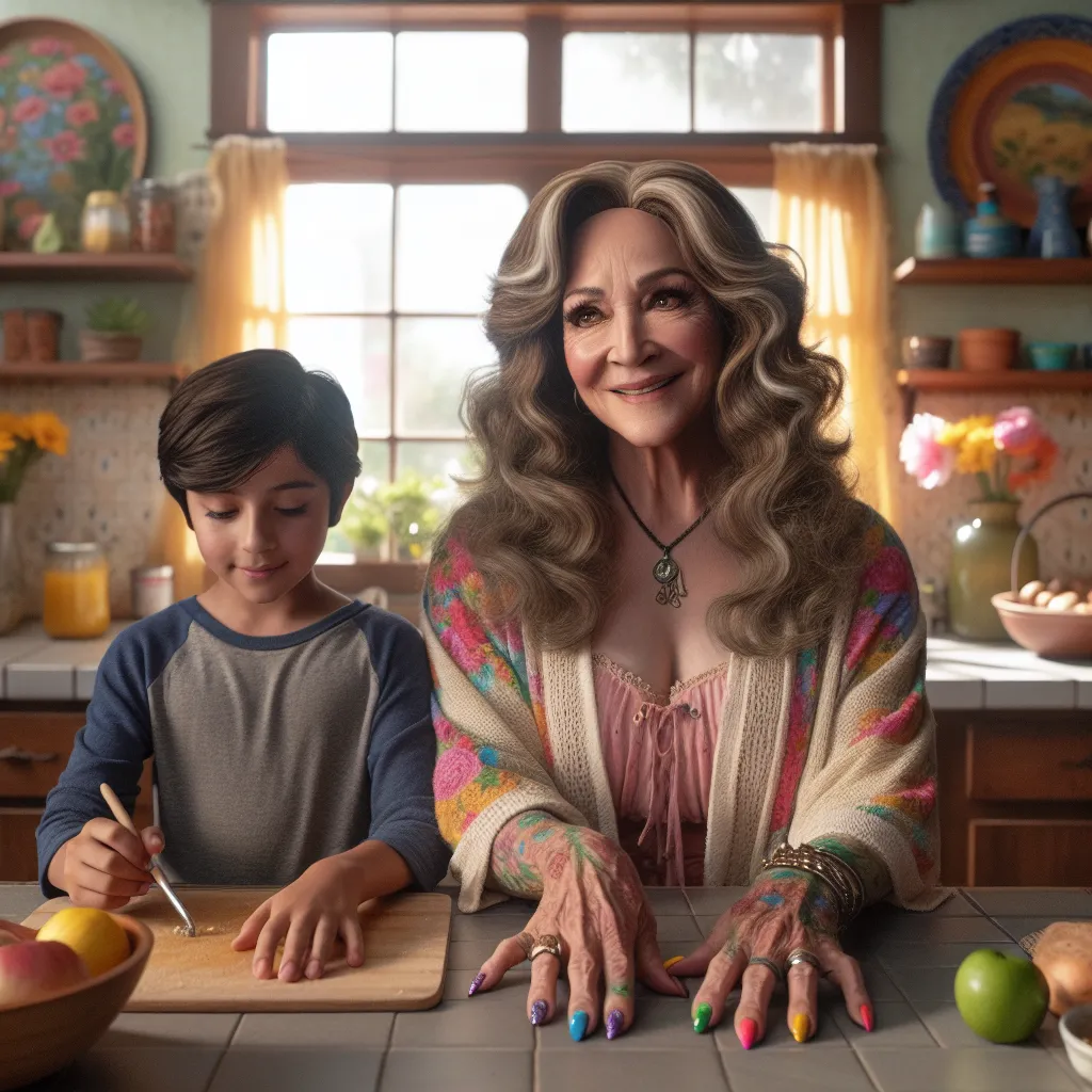 A heartwarming tale of transformation and love in a suburban neighborhood. A young boy named Henry accidentally transforms into Yolanda Ramirez, a loving mother and grandmother. The image captures Yolanda, now resembling a mature Hispanic woman, cooking in her kitchen with vibrant nail polish and a gentle smile, as her son Mateo helps prepare food beside her. The setting is cozy, with colorful decorations and sunlight streaming through the window.