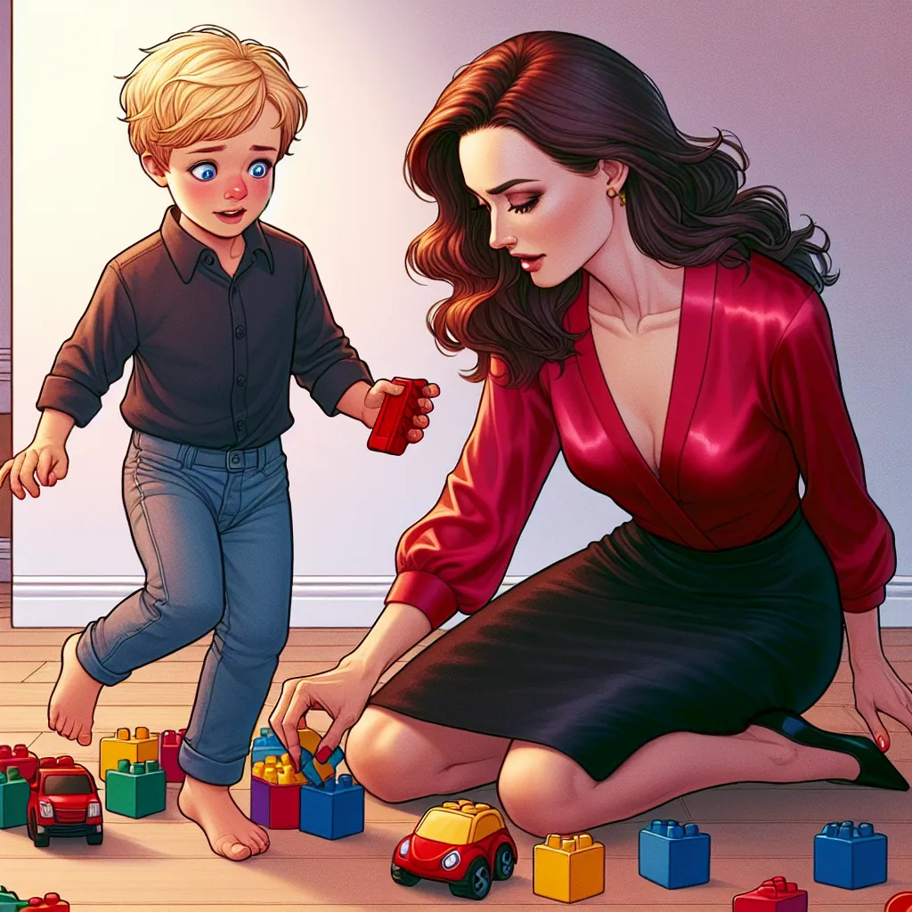 The generated image could depict a young boy named Jacob playing with building blocks, while a woman named Priya enters the room and mistakenly takes his toy car. Jacob is blonde with blue eyes, while Priya is a brown-haired woman of Indian descent wearing a red silk blouse and a short black skirt.