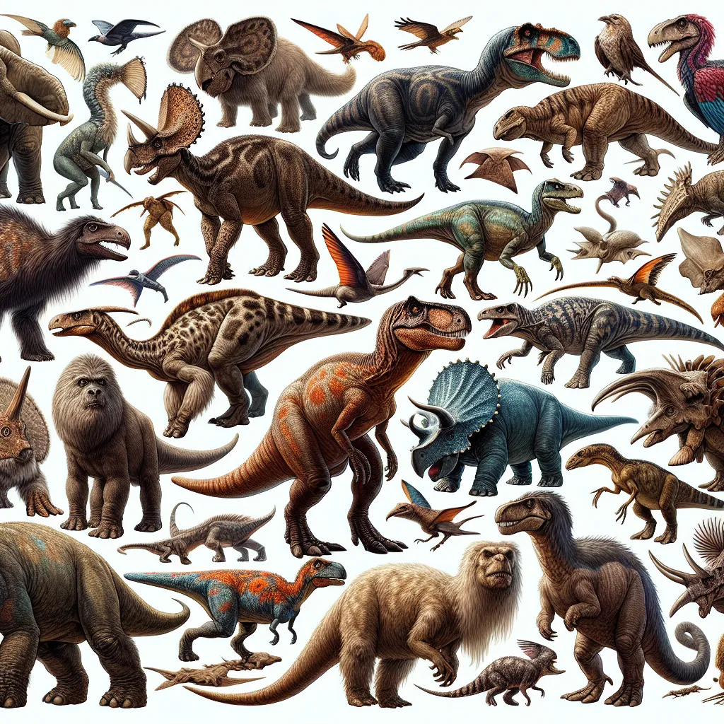 A collage of prehistoric animals including a Protoceratops, Australopithecus, Deinosuchus, Gorgosaurus, Therizinosaurus, Epidexipteryx, Microraptor, Plateosaurus, Titanoboa, Arthropleura, Utharaptor, Sarcosuchus, Saichania, Kaprosuchus, Carnotaurus sastrei, Pachyrhinosaurus, Phorusrhacos, Stomatosuchus, Archaeopteryx, Nothronychus, Diplocaulus, Limnoscelis, Eoraptor, Utahraptor, Helicoprion, Megatherium, Stygimoloch, Brontosaurus, Diabloceratops, Megalania, Gastonia, and Rahonavis.