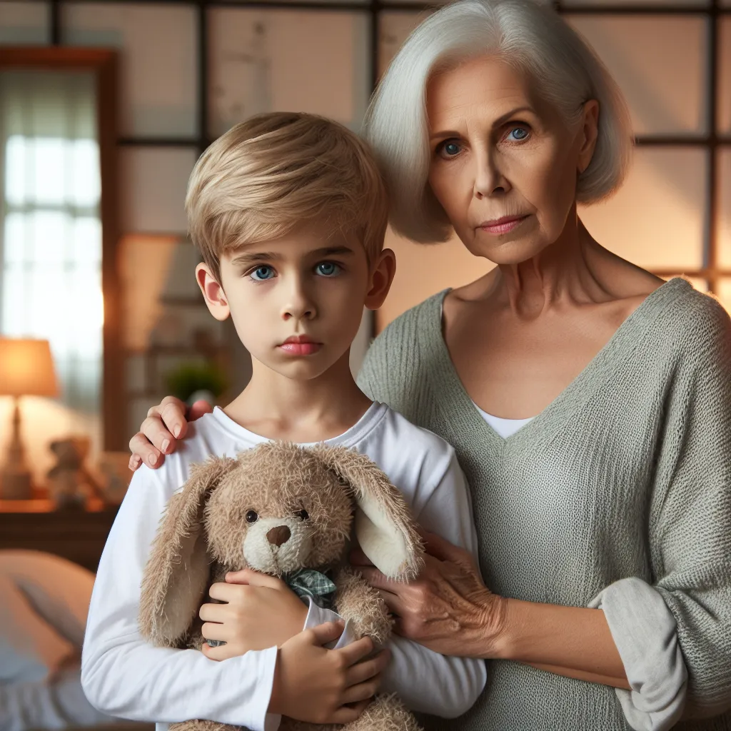 An image of a young boy standing next to his grandmother. The boy has light blonde hair and blue eyes, while the grandmother has short silver hair and soft blue eyes. They are both wearing comfortable clothes, and the boy is clutching a stuffed rabbit. They are standing in a cozy bedroom with a mirror in the background. The image captures a mix of confusion, fear, and love as they both come to terms with their unexpected situation.