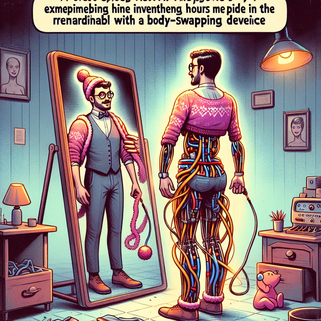 Image Description: The image displays an eccentric inventor named Spam, who has just finished using a body-swapping device to inhabit the body of Cattleya, a stunning and caring mother. Spam, now in Cattleya's voluptuous body, stands in front of a mirror, marveling at her new curves and ample bosoms with curiosity and delight. She wears a festive New Year bikini created by her clothes gun invention, while Cattleya, in Spam's original body, wears an expression of mortification in the background. 