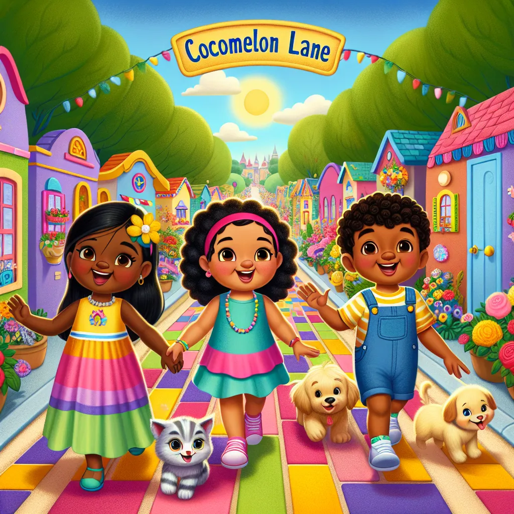 Illustration of three joyful children, JJ, YoYo, and TomTom, walking down Cocomelon Lane with their animal friends, Bella the kitten, Cody the puppy, and Duckie the duck. They are happily singing a song while heading to the park.
