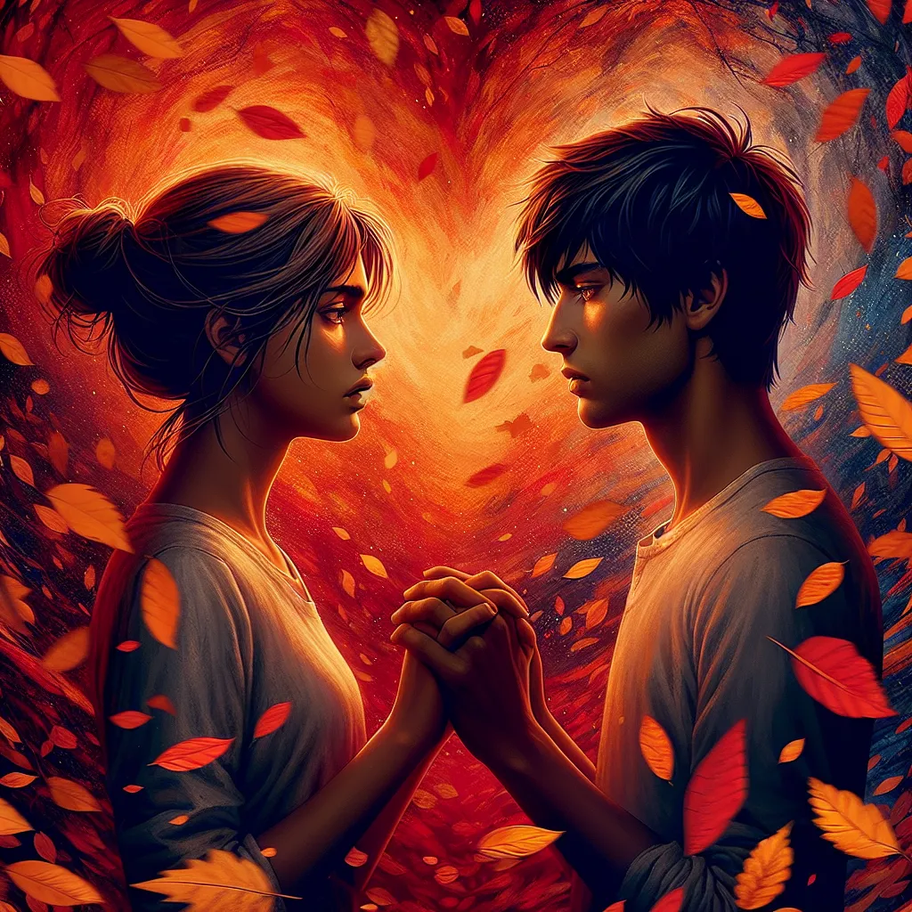 Title: Whispers of Hope: Angel and Gwen's Bittersweet Love Story
Genre: Romance

Description: An emotional image captures the essence of Angel and Gwen's bittersweet love story. Against a backdrop of vibrant autumn leaves, Angel and Gwen stand facing each other, their eyes filled with longing and tenderness. Their hands slightly touch, conveying the unspoken connection between them. Amidst the falling leaves, a faint glow of hope emanates, symbolizing the delicate balance between heartache and t