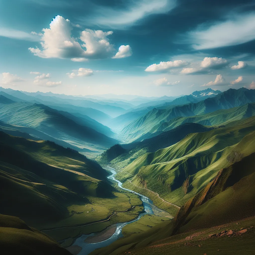 A serene mountain landscape with lush green valleys, a flowing river, and a clear blue sky.