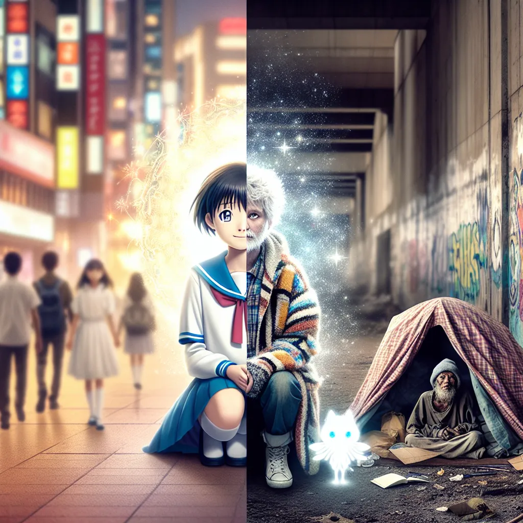 A split-scene image: on one side, Madoka Kaname, a kind-looking eighth-grade girl in her school uniform, surrounded by soft glowing magical energy; on the other, Dawn, a frail homeless girl in oversized, worn clothes with messy hair, sitting beside a tattered tent under a city overpass. Between them floats Kyubey, the small white magical creature, symbolizing the magical contract connecting their fates. The background contrasts a bright school environment with a dim, gritty urban street.