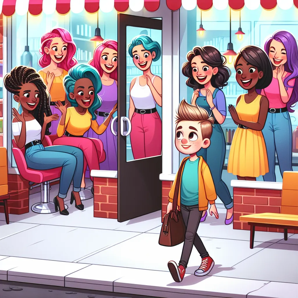An image depicting a young boy named Tim standing nervously outside a bright and lively hair salon, surrounded by five Korean women inside. The women, dressed in colorful attire and with unique hairstyles, are chatting and laughing, while one of them named Sunny notices Tim and approaches him with a smile. The scene captures the moment before Tim's unexpected transformation into a Korean girl, as the women playfully prepare for the switch with mischievous expressions.