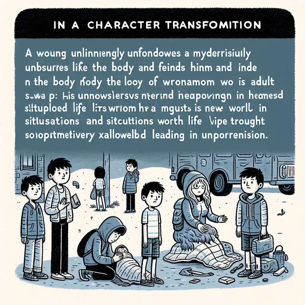 A character transformation: A young boy named Tommy Johnson undergoes a mysterious swap and finds himself in the body of a homeless woman named Amanda Parker. As he navigates this unfamiliar world, he grapples with his new identity and struggles to understand his place in it. Eventually, Amanda's life spirals out of control, leading to a tragic end.