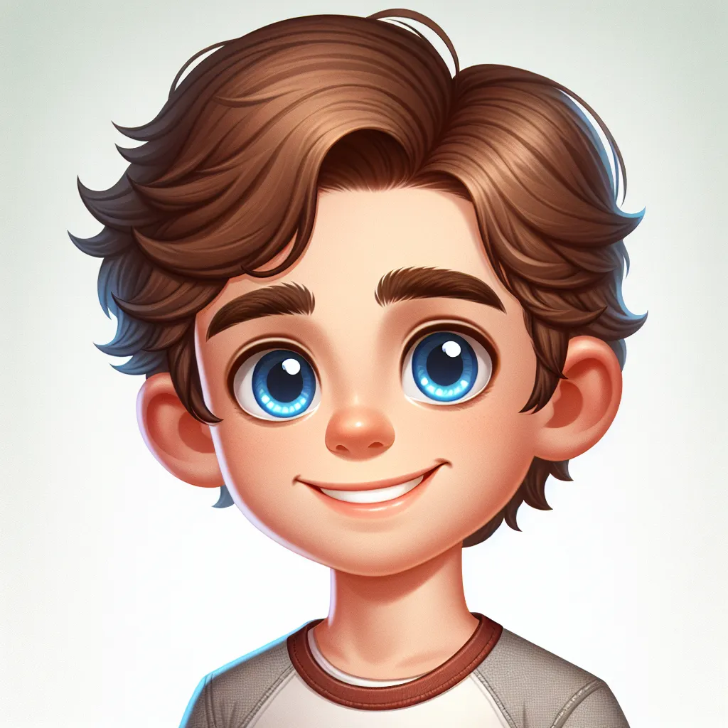 A digitally created image of a happy eight-year-old boy named Jimmy with short, wavy brown hair, bright blue eyes, and a friendly smile. He is wearing a casual outfit and standing against a plain background.