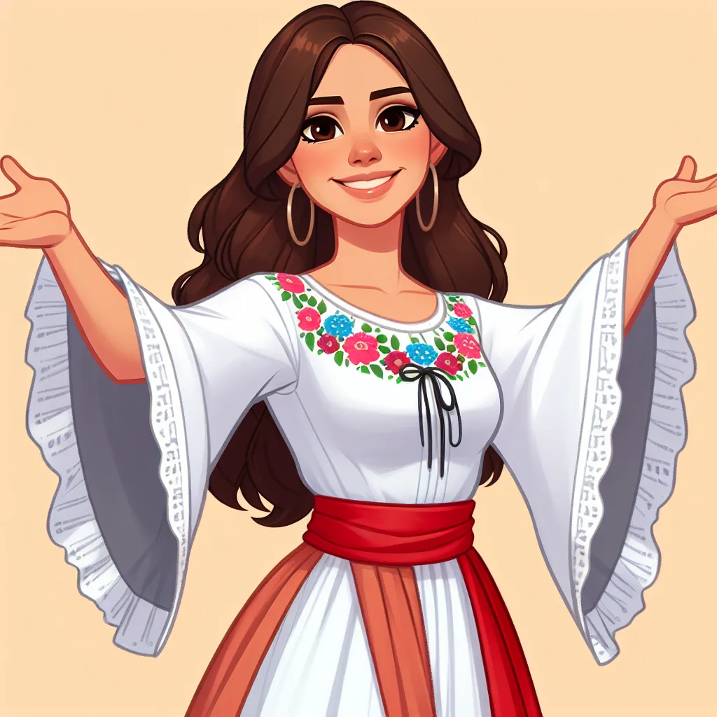 An image of a happy and confident woman named Maria, wearing traditional Mexican clothing, with her arms outstretched in a peaceful and content pose.