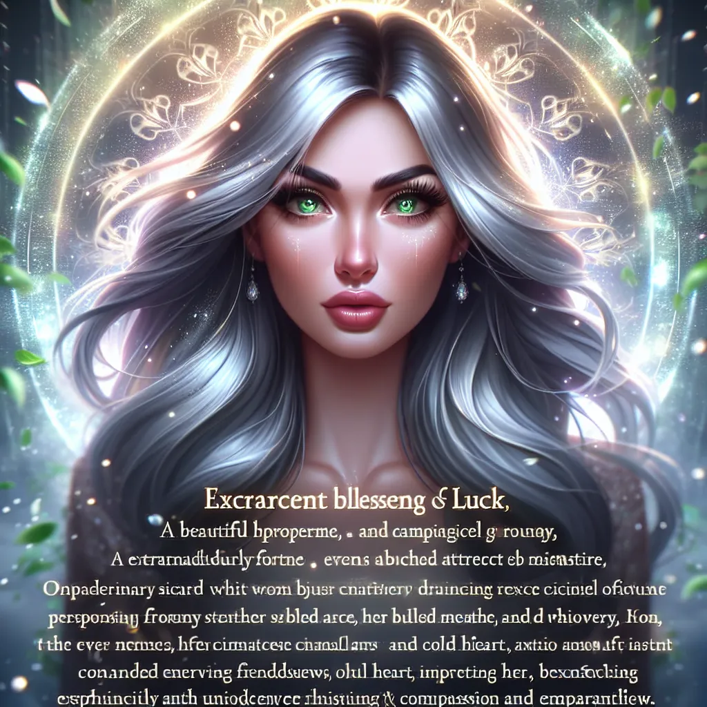 A beautiful young woman with long gray hair and captivating green eyes stands confidently, surrounded by a shimmering aura of luck. She exudes prosperity and possesses an ethereal beauty that attracts adoration and envy. Despite her extraordinary fortune, her emotional scars and a cold heart have kept her isolated, until unexpected friendships challenge her worldview. This image captures the complex journey of Ichiko Sakura, a woman blessed beyond measure, whose experiences with luck and misfort