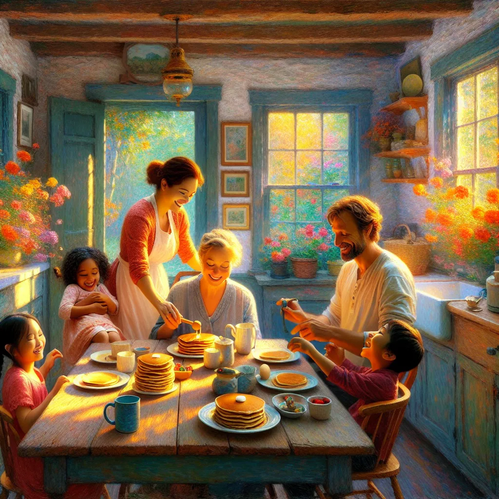 Family, Breakfast, Mother, Prank, Childhood in the style of Monet