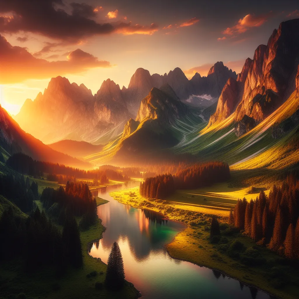 The image features a serene mountain landscape during sunset, with golden rays illuminating towering peaks and casting long shadows on the green valleys below. A calm river winds through the scene, reflecting the vibrant colors of the sky.