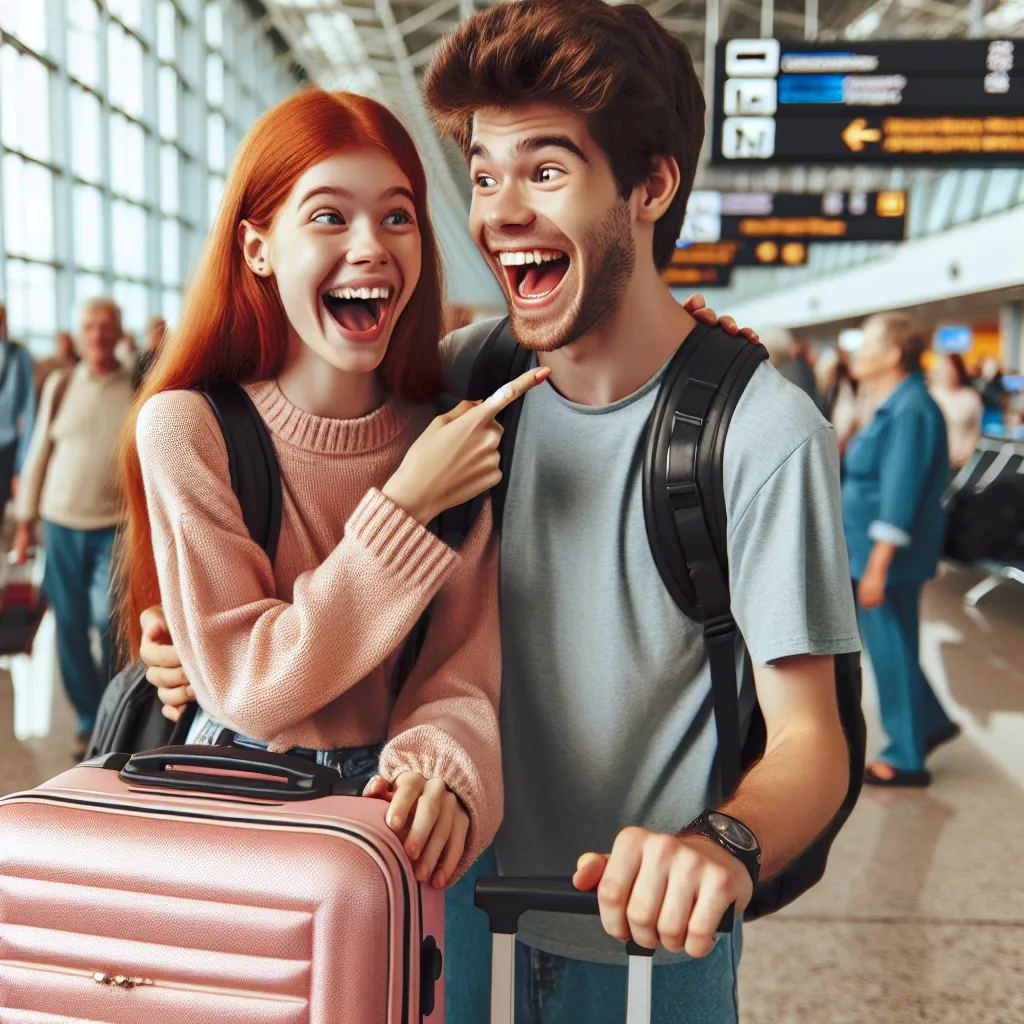 The image depicts a pair of siblings, a man and a woman, standing in an airport with a look of surprise on the man's face. The woman, who used to be the man's brother, is now a curvy redhead with a pink roller bag. They are both laughing and hugging, showcasing their strong sibling bond despite the recent body swap caused by the Great Shift. The woman playfully points to her face, teasing the man for staring at her new body. In the background, there are other airport passengers and luggage, emph