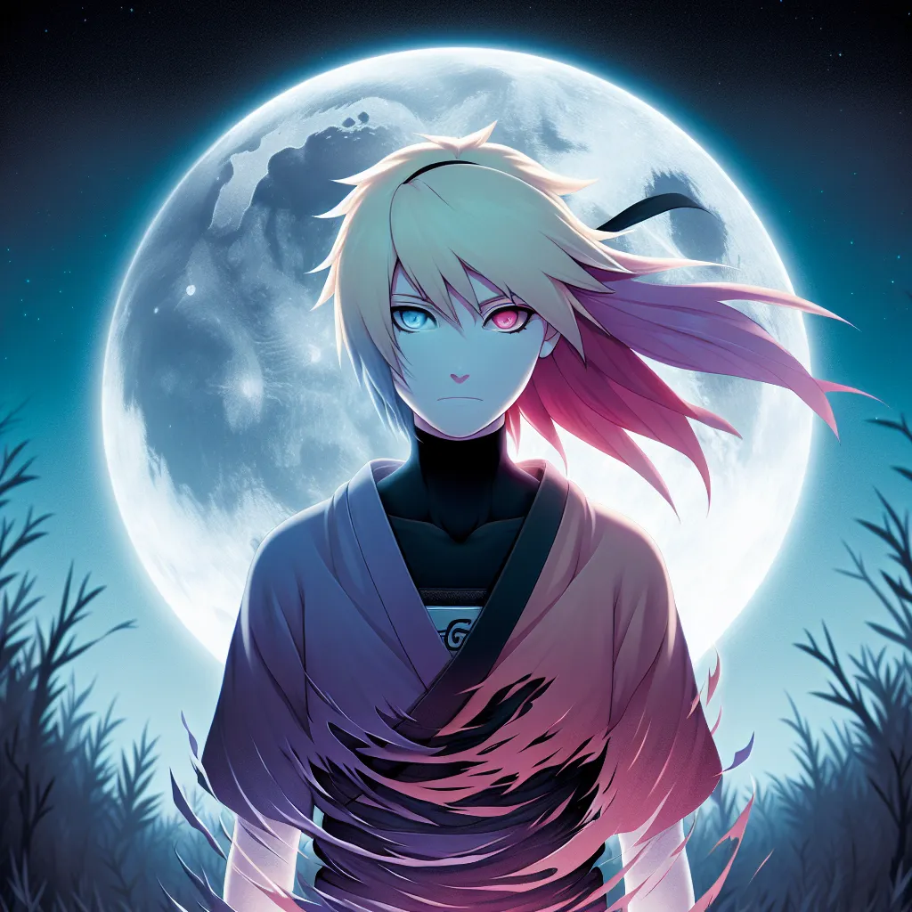 A moonlit clearing with Naruto at the center, undergoing a haunting transformation, hair shifting from blonde to red, eyes changing from blue to violet, and body reshaping into that of a woman named Naruko Uzumaki, resembling both her mother and father. The image captures her acceptance and determination as she embraces her new identity as a Kunoichi.
