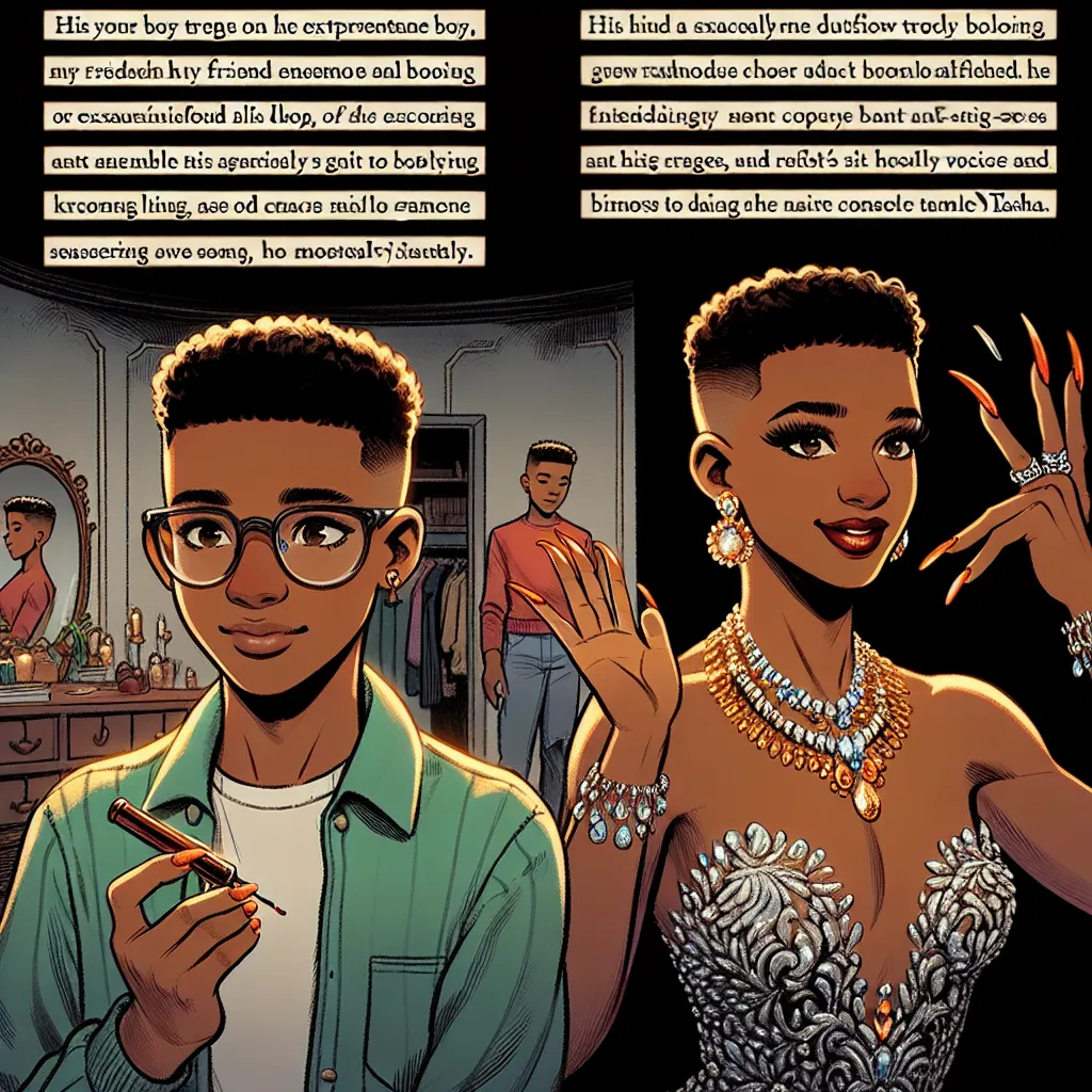 A young boy transforms into his friend's glamorous aunt after trying on her clubbing outfit. He panics as each detail of his appearance changes to match hers, from nail polish to jewelry. His mind and voice shift along with his body, until he fully embodies Tasha. The story ends with Tasha, now fully herself, preparing to go out dancing with her friends.