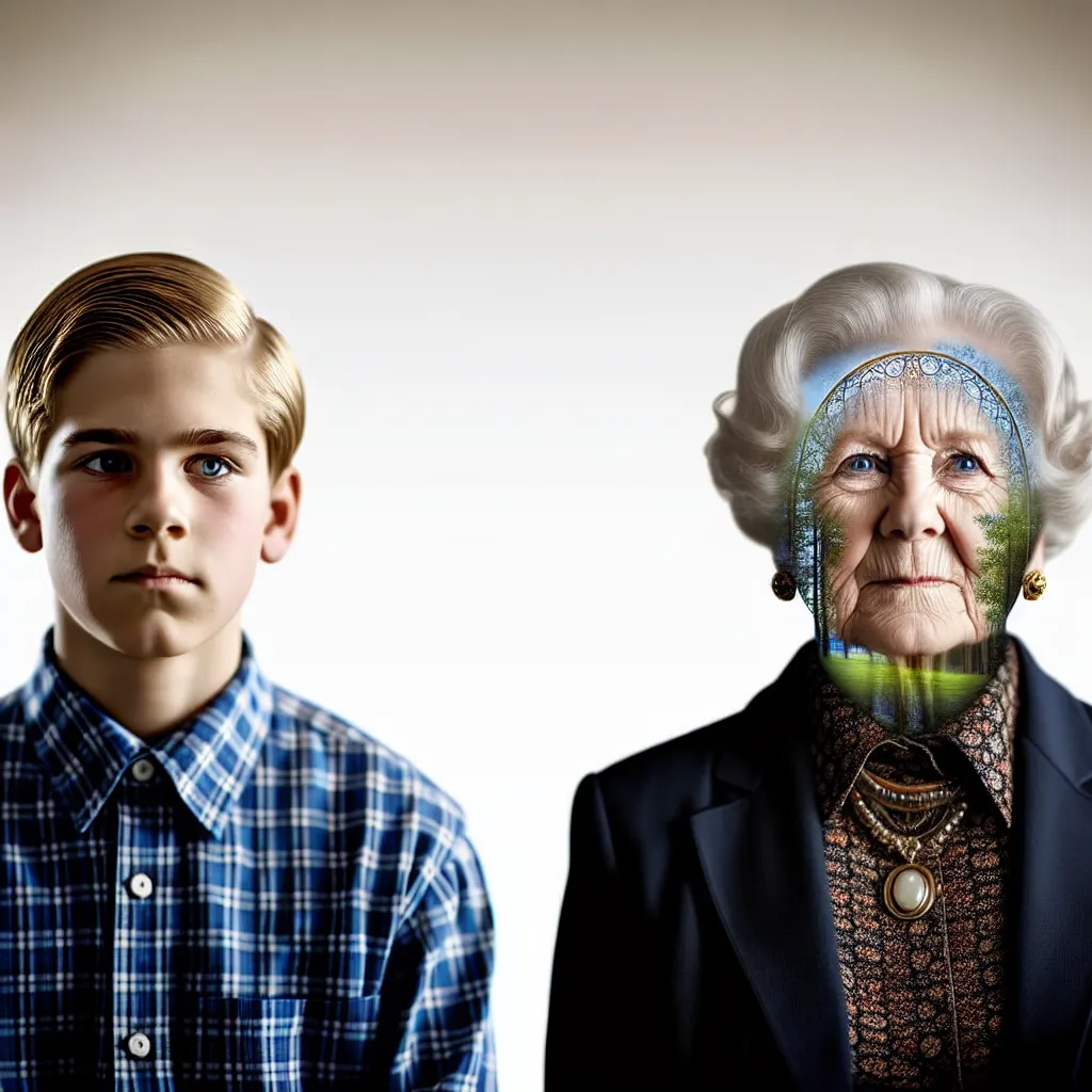 A young boy undergoes a dramatic, magical transformation into his strict grandmother, Chata, her appearance reshaping from head to toe as he becomes her mirror image.
