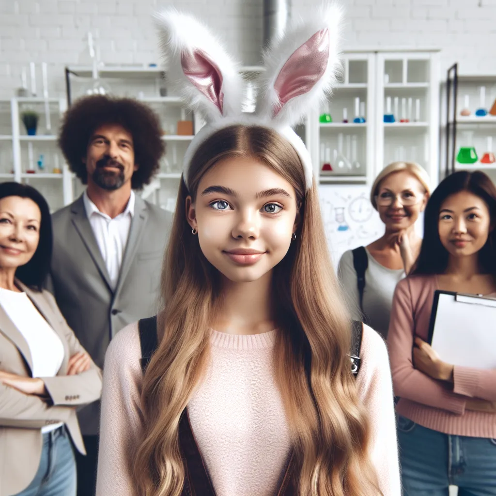 Description: Maree Whittaker, a bright-eyed teenager with bunny ears and fur, stands tall and confident in a school laboratory. Her parents and classmates look on in awe and amazement.