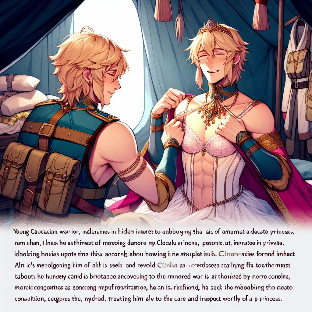 A young warrior-hero named Alm indulges in his hidden desire to express the delicate princess he feels within. In the solitude of his tent, he adorns himself with a collection of clothing belonging to Celica, enjoying the euphoria that accompanies each piece. Transformed into the delicate princess he has always felt inside, Alm finds solace and pride in his reflection. He dreams of Conrad, Celica's dashing brother, discovering him and recognizing his true self. In this dream, Conrad leads Alm to