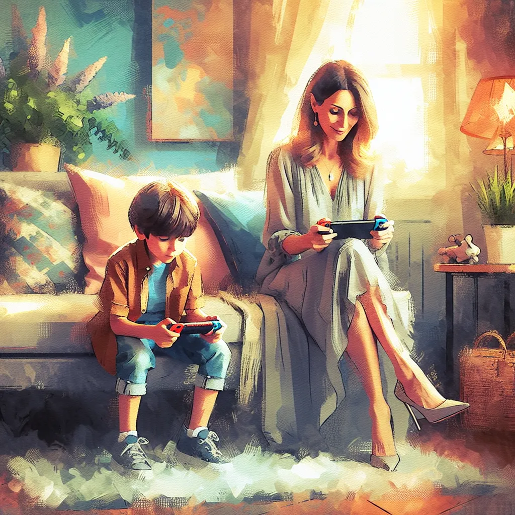 Boy, Mother, Nintendo Switch, Transformation, High heels in the style of Monet