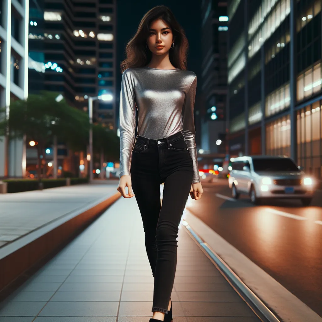 A young girl named Amanda confidently walks through a city street at night in her clubbing outfit, wearing a silver crop top, a black mini skirt, and black clubbing sandals. She exudes confidence and empowerment as she struts her stuff, ready to take on the night.