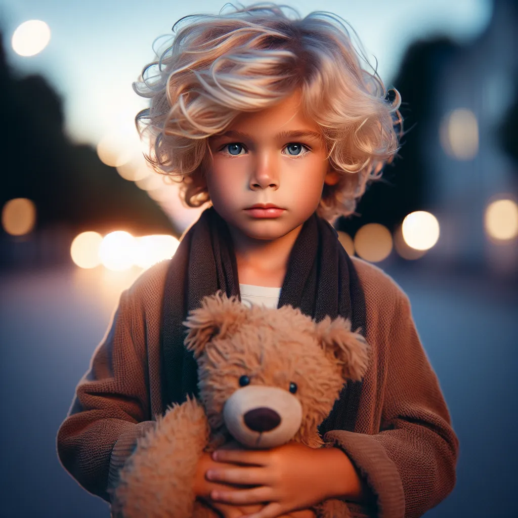 An image of a young boy named Jeremy, with sandy blonde, curly hair, and blue eyes, walking confidently down a street at twilight. He clutches a stuffed bear and wears a determined expression. Street lamps illuminate the scene.