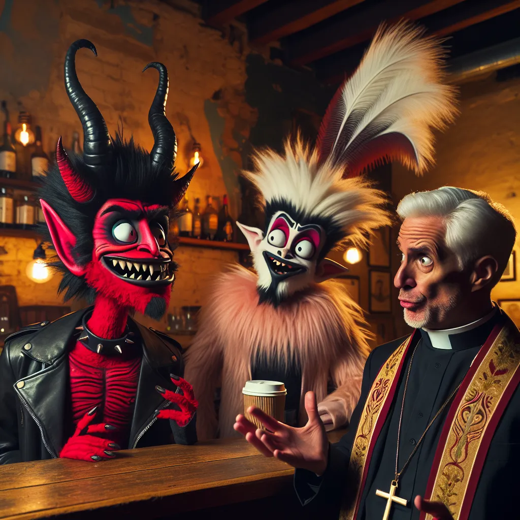 An image of Blitzo, a mischievous animated demon from "Hazbin Hotel," standing in a dimly lit coffee shop with Angel Dust, another character from the show. They are engaged in a fervent conversation with a Catholic priest who appears skeptical and dismissive. The image captures the clash between their irreverent perspectives and the priest's unwavering faith, hinting at the surreal and chaotic nature of their encounter.