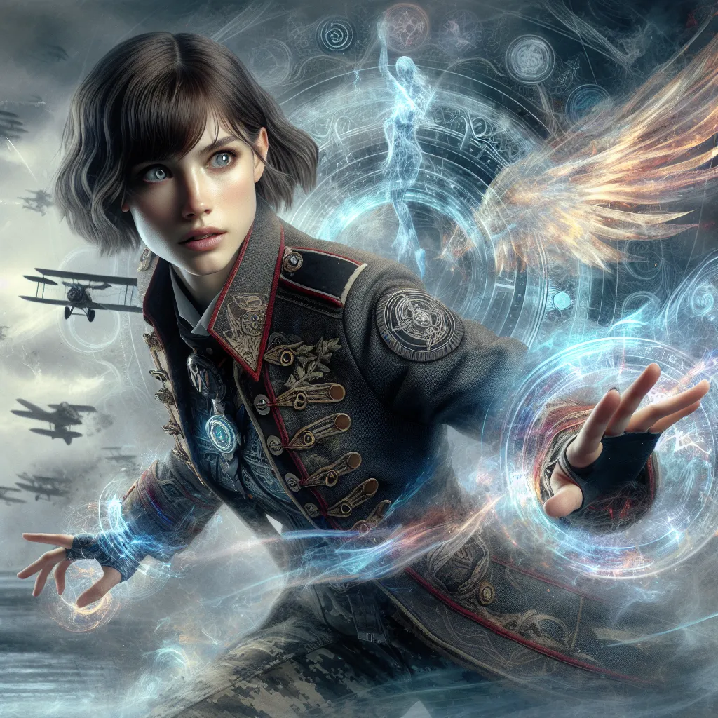 A dynamic portrait of Ranma Saotome inhabiting Miyafuji Yoshika’s body: a young female warrior with short brown hair, wearing Yoshika’s Strike Witches military uniform and magical flight gear, poised mid-action with a determined expression. Behind her, faint ghostly images of Ranma’s original male form and martial arts poses blend with magical healing symbols and ethereal wings, symbolizing the fusion of martial prowess and healing magic amid a wartime sky.