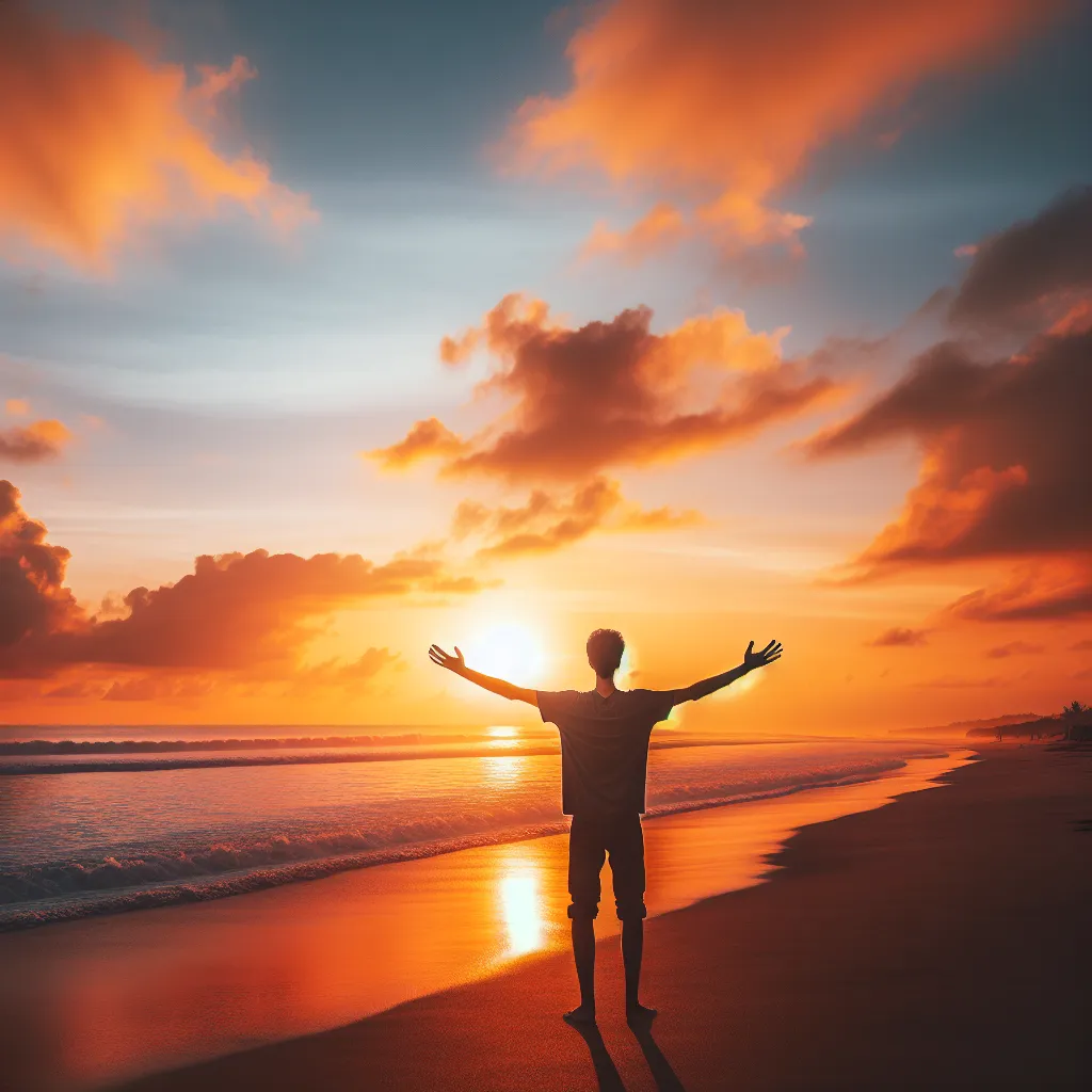 A silhouette of a lone figure standing in front of a breathtaking sunset on a deserted beach, their outstretched arms embracing the beauty and tranquility of nature.