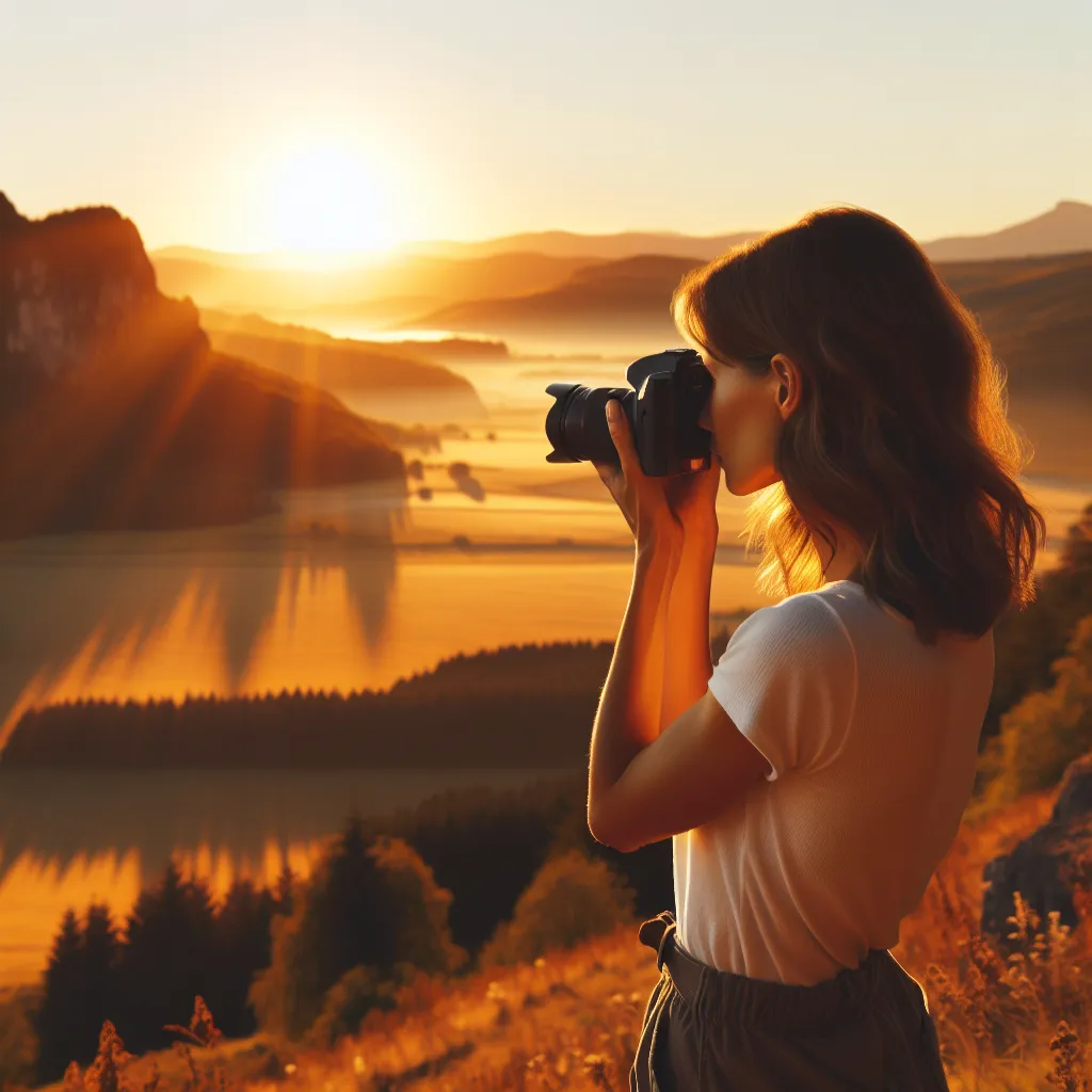 An image of a photographer capturing a stunning landscape at the golden hour, with warm, soft light illuminating the scene and casting long shadows.
