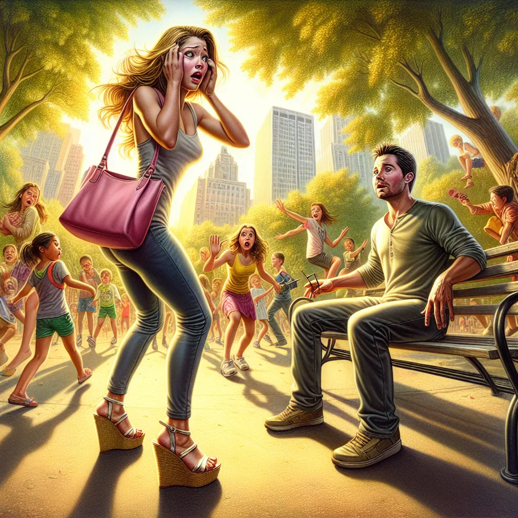 A detailed, illustrated scene where Oliver and Ashlie encounter each other in the park, capturing the pivotal moment of their unexpected soul swap. Oliver, now in Ashlie's body, stands unsteadily on wedge sandals, clutching a heavy pink purse, bewildered by the change. In the background, the park is depicted vividly, with children playing and the sun casting long shadows. The image conveys the emotional depth and disorientation of this transformative event.