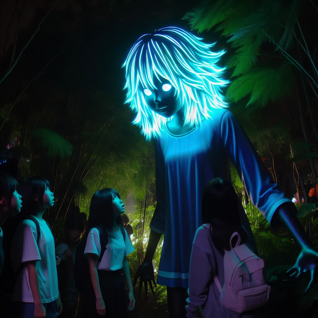 An image of Boscha, transformed into an eight-foot-tall girl with glowing neon blue hair, standing amidst the shadows of a garden, her appearance distorted and monstrous, as Luz and her friends approach with concern and determination.