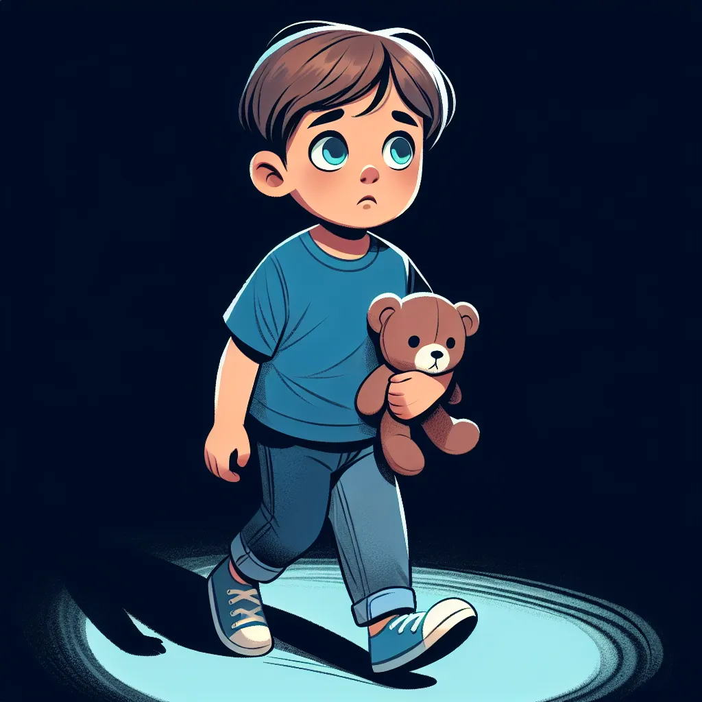 The image accompanying this story could depict a young boy named Michael, walking alone at night with his stuffed animal in hand. He is wearing a blue shirt, jeans, and sneakers. He appears lost and anxious as he looks around.