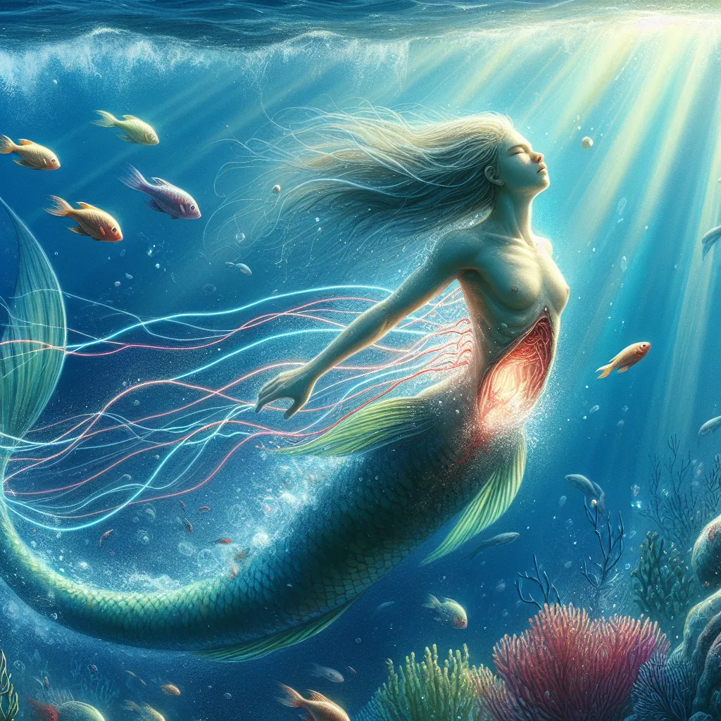 An underwater creature with a human-like upper body and a powerful mermaid tail emerges from the ocean depths, surrounded by vibrant aquatic life. Rays of sunlight filter through the water, illuminating the transformation and determination on her face as she takes her first breath through a newly formed blowhole.