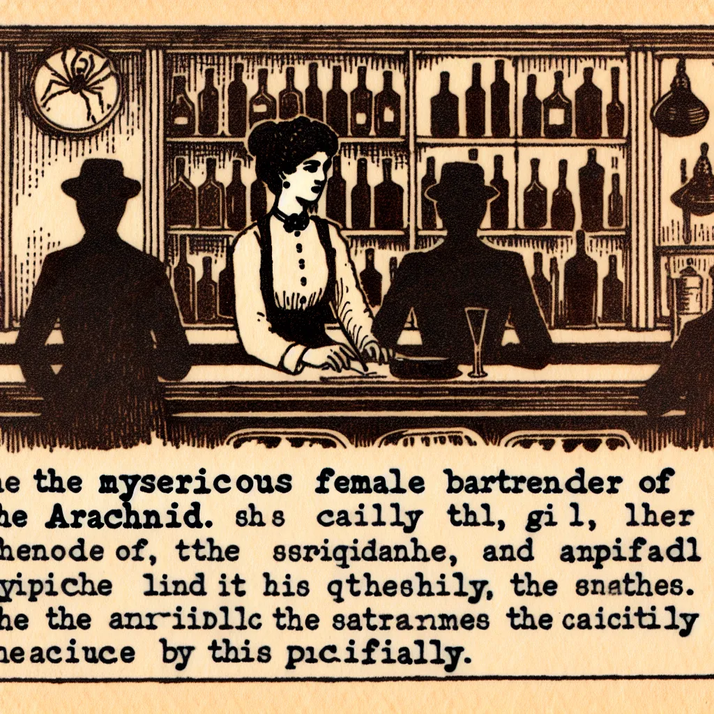 A mysterious bartender named Amelia Locke is depicted behind the bar at her club, The Arachnid, as she carefully observes her patrons and runs a tight ship. Her routine is disrupted by the arrival of a enigmatic girl in a black dress who disturbs the peace with her cryptic behavior.