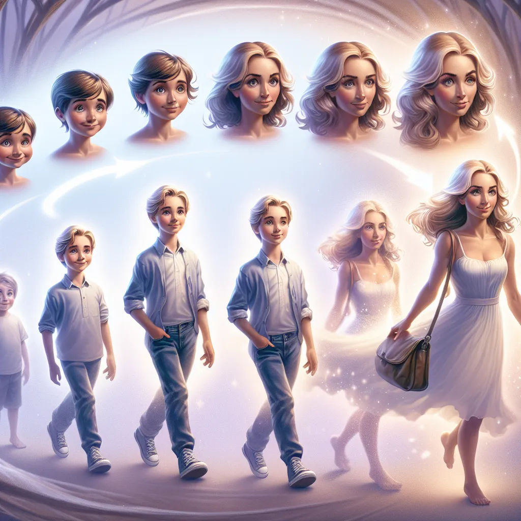 A story of a curious boy named Sam who mysteriously transforms into Olivia, a tranquil and mature woman, depicted in a series of detailed physical changes and ending with Olivia confidently stepping into the day, accompanied by the comforting scents of vanilla and lavender.