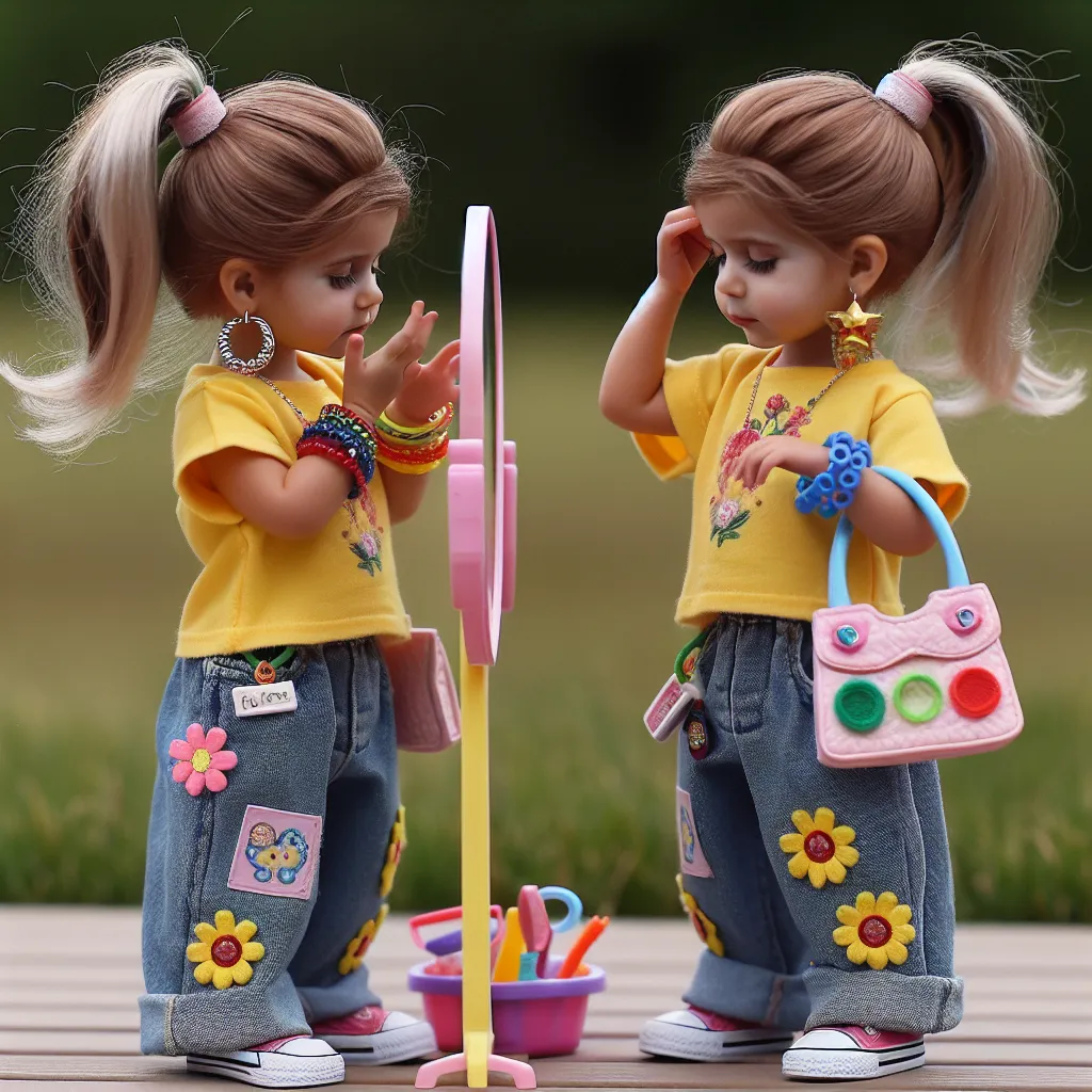 **Concise Description for the Image:**
A five-year-old boy named Samuel (Sam) Thompson is transformed into a woman. Confused, she looks down at herself while wearing a yellow tank top with embroidered flowers, denim shorts with colorful patches, and feminine flip-flops. Her hair is styled in a bun, and she is wearing hoop earrings, a wedding ring, a gold bracelet, a silver necklace, an anklet with charms, and a ruby ring. She is seen in front of a mirror, adjusting her appearance while holding a