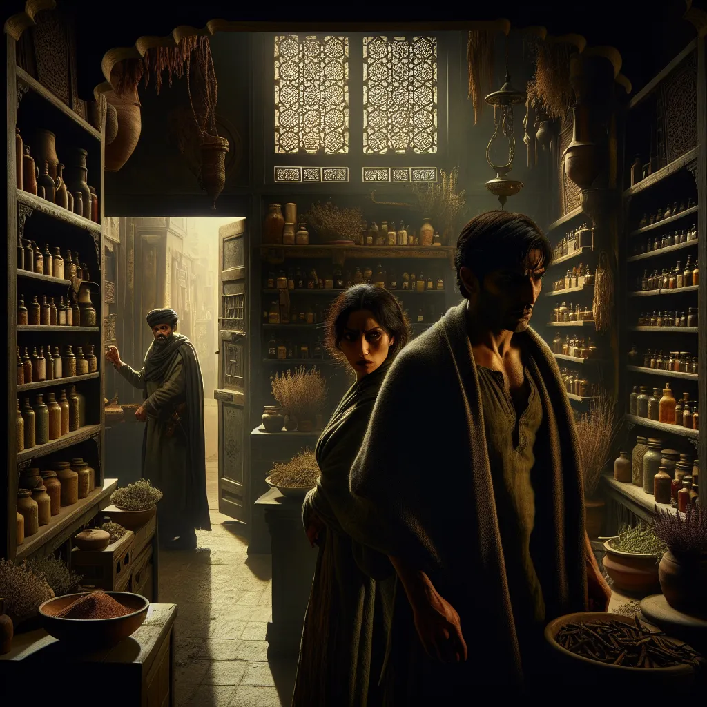 A mysterious scene unfolds in a dimly lit herbal shop, where a woman and her battered companion seek refuge. Tensions simmer as they navigate the disapproving shop owner's scrutiny. With shadows clinging to secrets, they find solace in the hidden sanctuary below. An air of unease lingers as they confront their pasts and uncertain futures.