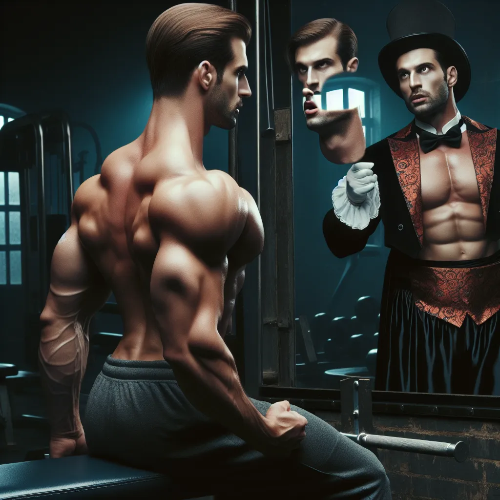 A muscular bodybuilder performs a workout in a dimly-lit gym, focusing on his reflection in a mirror. Suddenly, he feels a searing pain in his neck and darkness engulfs him. When he awakens, he realizes his head is gone, yet his body continues to exercise as if nothing has changed. Panic sets in as he watches his own headless form in disbelief. Soon, a sinister magician enters and reveals that he is behind this supernatural alteration, planning to take over the bodybuilder's powerful physique. T