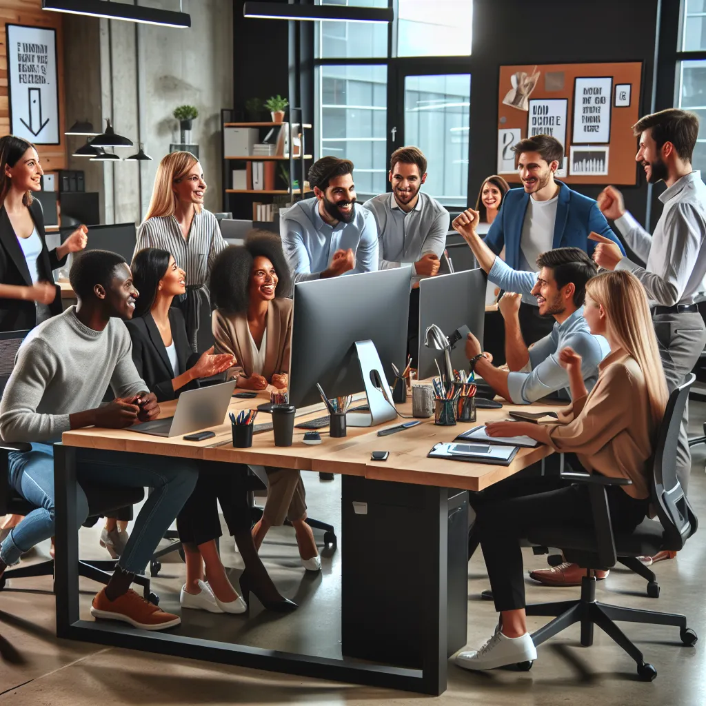 An office setting with a diverse group of coworkers gathered around a computer screen, engaged in a lively discussion.