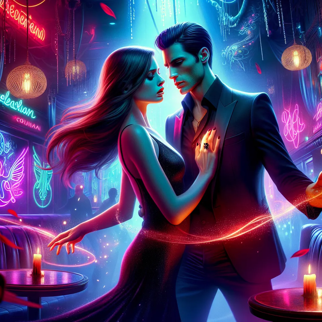 A romantic and dramatic scene set in a neon-lit nightclub, where Sloane fights to break a curse that threatens her companion, Eilam. As they navigate fear, hope, and a bond deeper than mortality, their love blooms amidst shadows and city secrets.