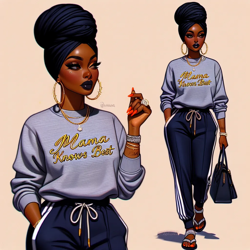 The image accompanying this story should depict a confident and empowered African American woman, approximately 65-70 years old, named Yolanda. She has black hair that is neatly wrapped under a black mom turban. Yolanda is wearing a gray sweatshirt with the words "Mama Knows Best" embroidered in gold and navy blue sweatpants with white stripes. She is also wearing black flip flops with silver rhinestones on the straps. Yolanda's nails are painted a bright orange color. She carries a purse over h