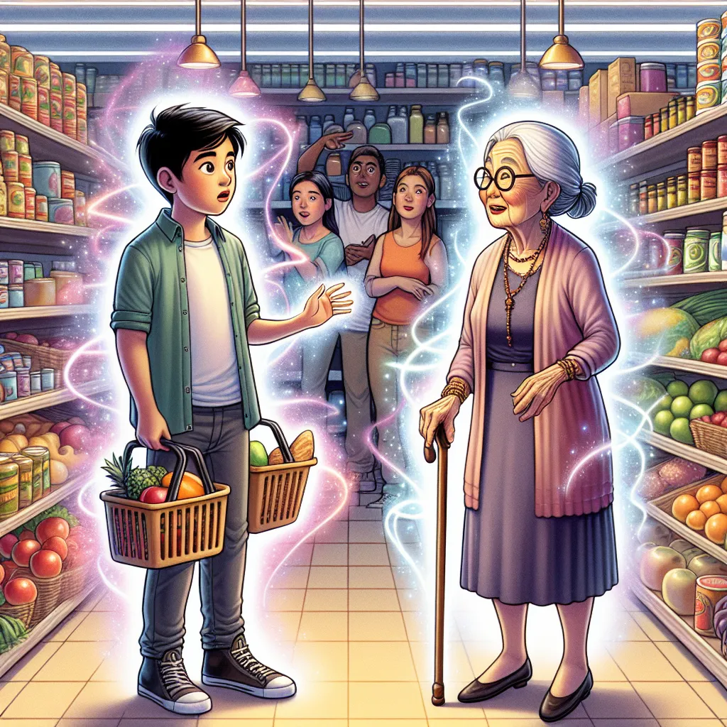 A young boy named Julian magically swaps bodies with an elderly woman, Mrs. Kwon, during a grocery store trip, experiencing confusion and disorientation in his new form. The detailed list-style story explores Julian navigating Mrs. Kwon's life, family dynamics, unfamiliar surroundings, and the poignant realization that his childhood is now a distant memory.