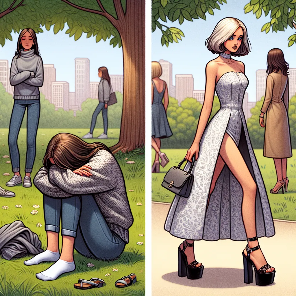 The image accompanying this story could be a depiction of two women in a restroom, one huddled in a gray sweater and jeans while the other stands elegantly in fashionable clothing and platform sandals.