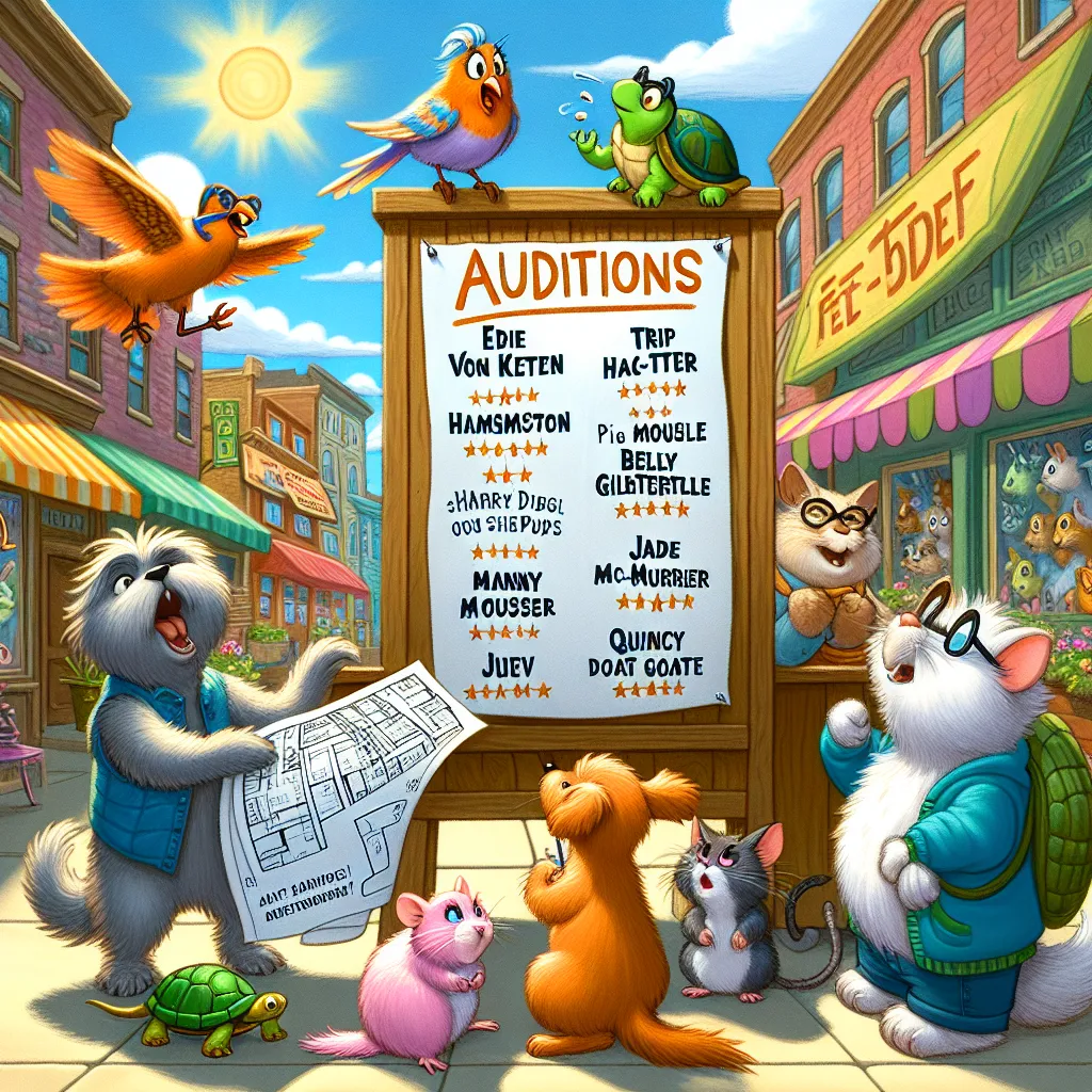 The image will depict the colorful pet shops lining the sun-dappled streets of Paw-Tucket, with the six friends gathered around a poster announcing auditions for a play. Edie Von Keet is fluffing her feathers dramatically, Trip Hamston and Bev Gilturtle are playfully bantering, Manny Mouser is checking blueprints, Roxie McTerrier is excited, Jade Catkin is being dryly sarcastic, and Quincy Goatee is looking nervous. The scene captures the anticipation and energy as they consider auditioning for