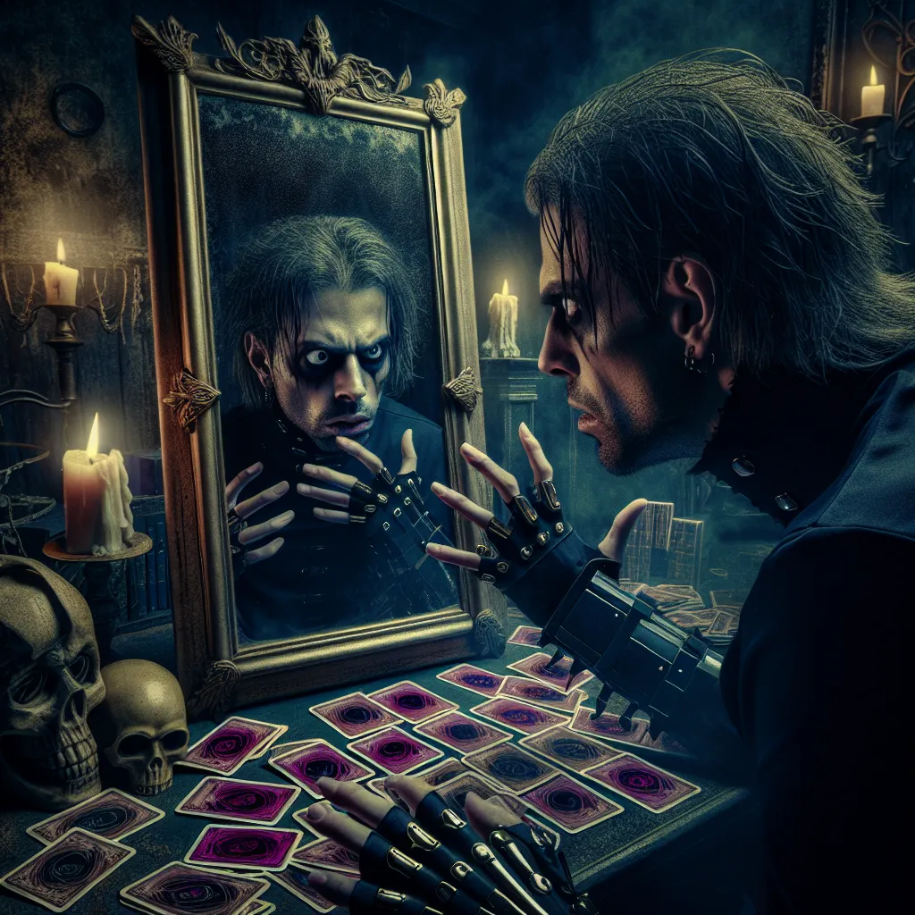 A horror story based on Yu-Gi-Oh! 5D’s where twins swap bodies during the Fortune Cup. The image will show one twin looking at their distorted reflection in the mirror, grappling with the psychological and physical horrors of being trapped in the wrong body, filled with gender dysphoria and a sense of helplessness.