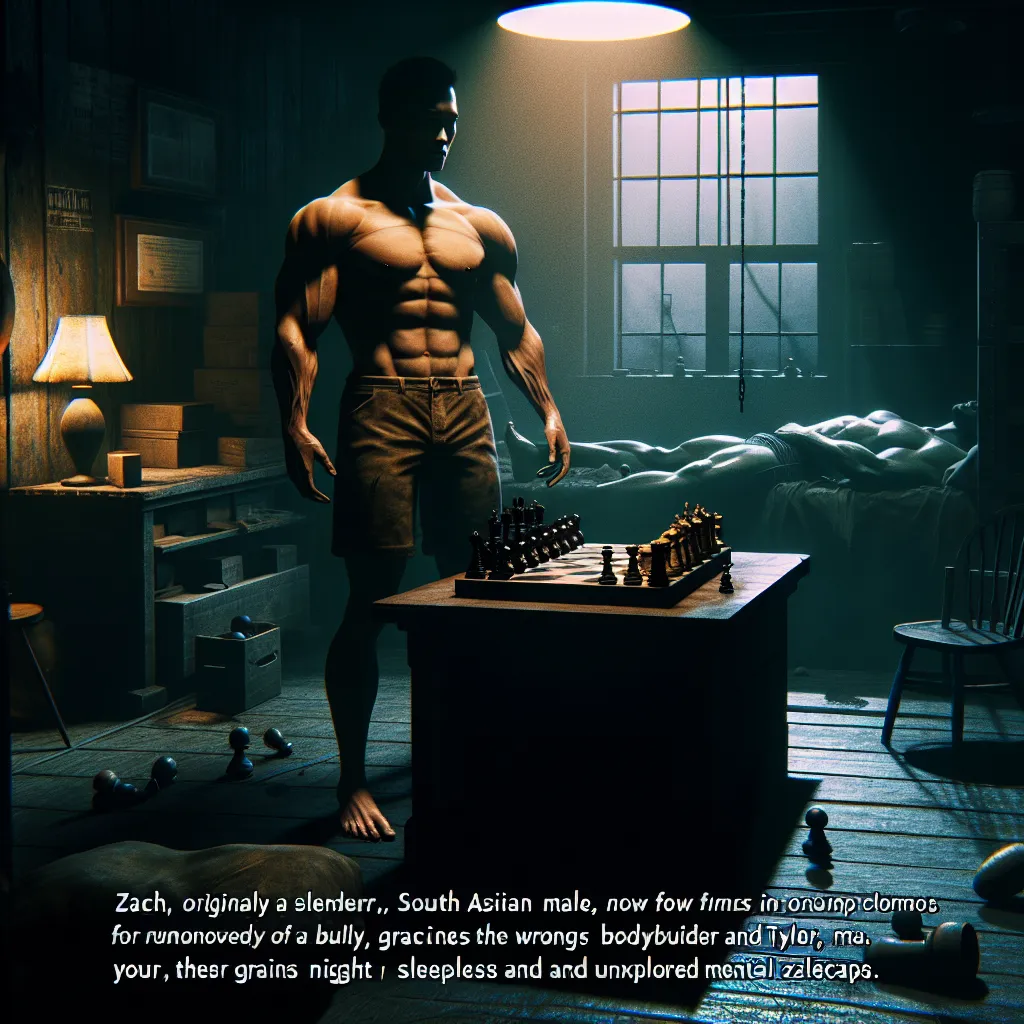 A dimly lit room in a run-down safehouse. Zach, trapped in the body of a bodybuilder named Tyler, gradually gains control and seeks justice for Tyler's crime. Tension rises as both men struggle for dominance, while a lingering sense of unspoken understanding reveals the possibility of total takeover. A battle for control ensues, stretching into sleepless nights and uncharted territories.