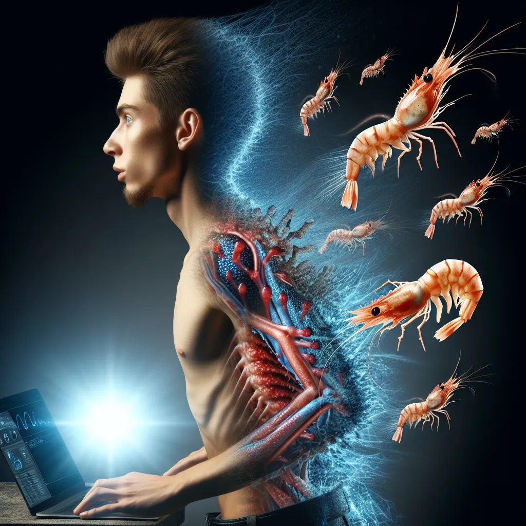 An image depicting a young man named Lan transforming into a virus shrimpy, with his body taking on the characteristics and patterns of the creature. The image captures the moment of awe and exhilaration as Lan's body goes through the transformation, surrounded by an eerie, glowing light emanating from his computer screen.